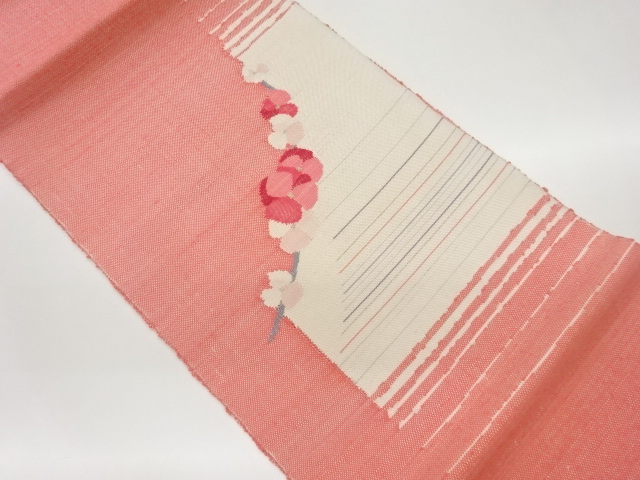 JAPANESE KIMONO / NAGOYA OBI / SILK / HAND WOVEN / MAWATA TSUMUGI / ABSTRACT STRIPE & FLOWERS